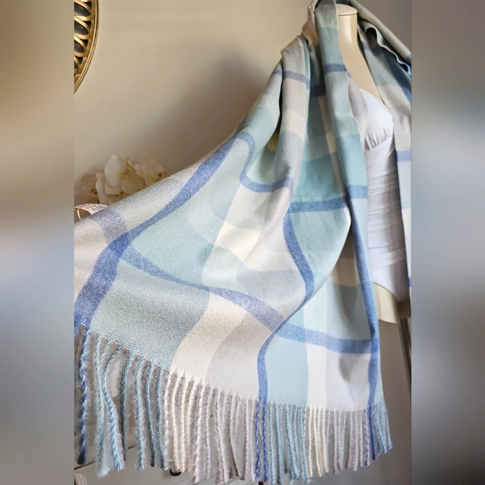 Pretty Pursuasians Scarf Pale Blue White Gray Fringe Scarf Wrap